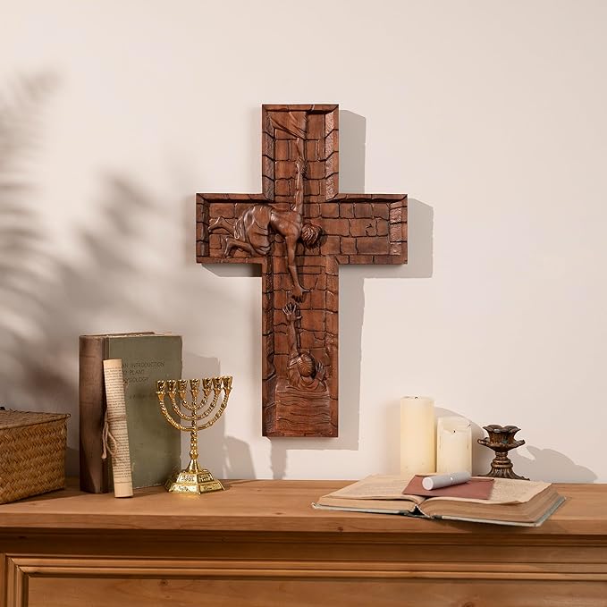 BGCOPPER Crucifix Wall Cross Handmade Wooden Cross with Hook, Christian Wall Art Jesus Wall Cross Gifts for Church Home Room Decor Christmas Cross - 14 Inch