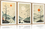Chinoiserie Bamboo Forest Framed Canvas Wall Art Set, Nature Tree Lakes Wall Decor, Minimalist Zen Landscape Wall Painting, Watercolor Art Prints for Living Room, Bedroom, Office 16"X24"X3