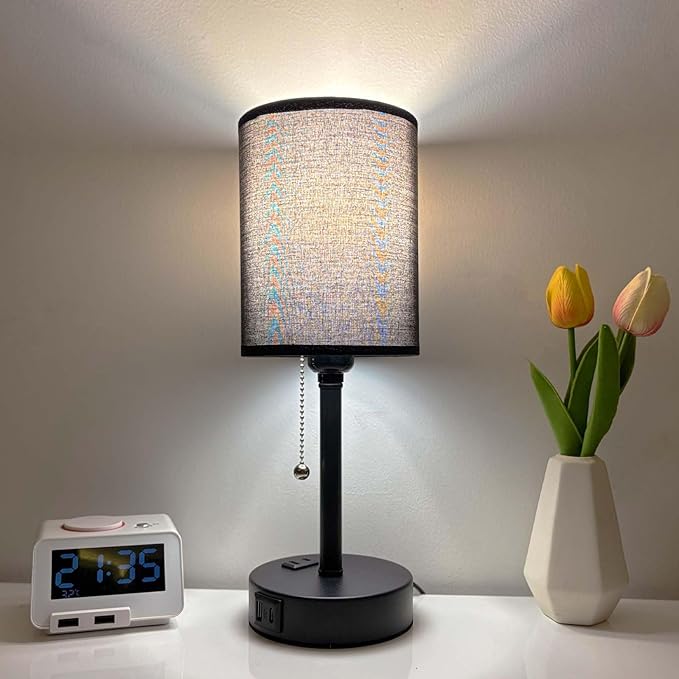 Small Bedside Table Lamp for Nightstand with USB & Outlet, 3 Color, Matte Black, Black Lampshade (LED Bulb Included)