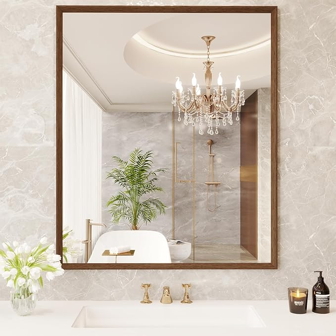Rectangle Bathroom Mirror 30x36 Inch, Walnut Wood Grain Framed, Anti-Rust & 4mm Tempered Glass, Horizontal/Vertical Hanging Vanity Mirror for Bathroom & Bedroom