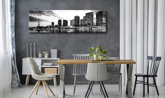 DJSYLIFE Paris Eiffel Tower Skyline Wall Art Black and White Modern City Night View Panoramic Cityscape Picture Paintings Canvas Prints Office Room Home Decoration Artwork Framed 13.8"X47.3"