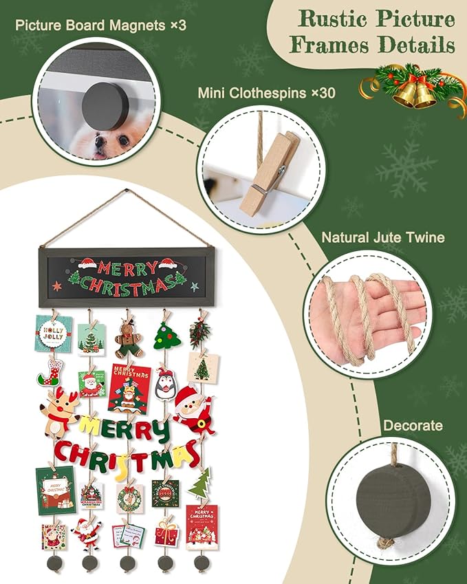 Bikoney Picture Frames Collage Photo Hanging Display Picture Board Wood Rustic Frames for Wall Decor with Blackboard and 30 Clips Weathered Grey