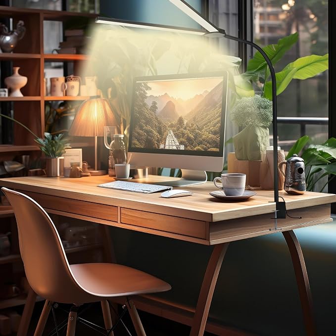 LED Desk Lamp for Home Office, Eye Caring Architect Desk Light with Clamp,50 Lighting Models,Remote and Touch Control,24W 2000LM,Memory Function and Timer for Study, Reading,Workbench Black