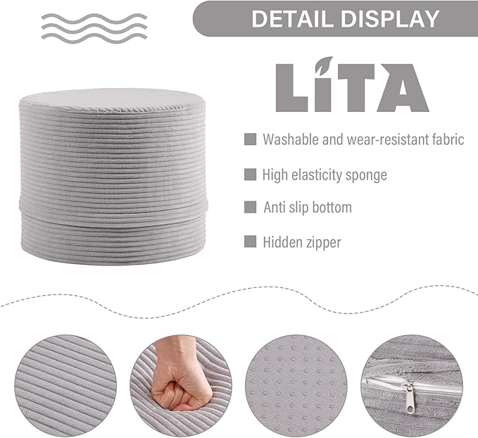 LITA Round Stuffed Pouf Ottoman, Velvet Poufs with High-Density Foam Filling and Washable Cover, Furry and Fluffy Bean Bag Foot Stools Ottoman for Living Room, Bedroom, Office, Grey