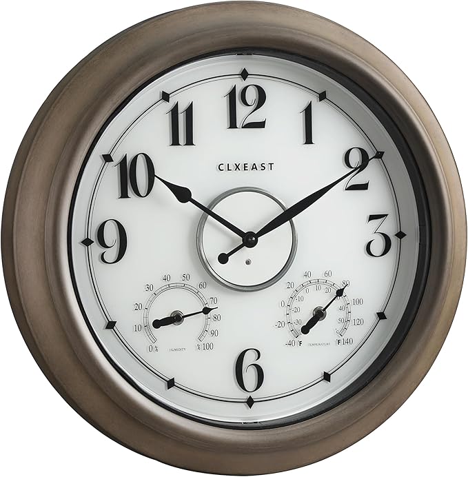 CLXEAST Illuminated Outdoor Clocks Waterproof 18 Inch with Smart Sensor,Large Outdoor Pool Clock with Temperature & Hygrometer,Grey Oak/Faux Barnwood,House Warming Gifts New Home