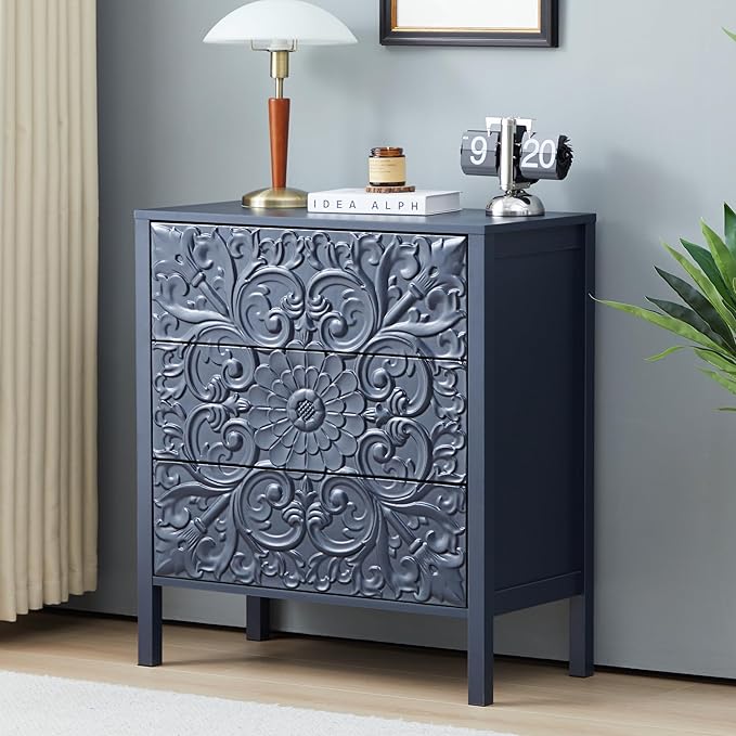 Carving 3 Drawer Dressers for Bedroom, Wide Chest of Drawers with Storage, Accent Luxury Nightstand Small Dresser for Hallway Living Room Entryway Office (1, Gray Blue)