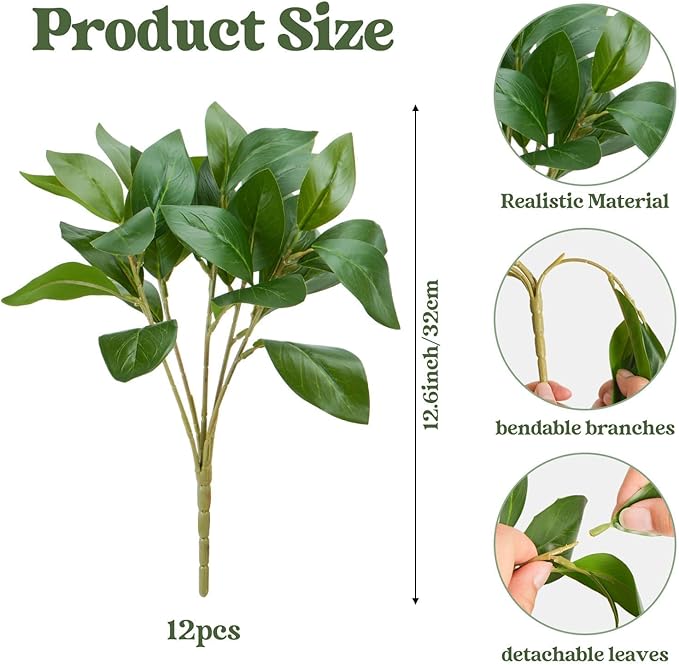 12 PCS Artificial Greenery Stems Fake Eucalyptus Leaves Stems Real Touch Greenery Branches for Vase Fillers Home Wedding Party Kitchen Indoor Outdoor Decorations