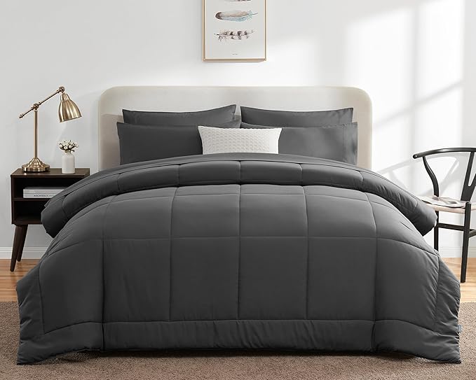 CozyLux King Size Comforter Set Dark Grey, 7 Pieces Bed in a Bag, Dark Grey Comforter King Size, All Season Bedding Sets with Stitch Quilted Comforter, Flat Sheet, Fitted Sheet, Pillowcases