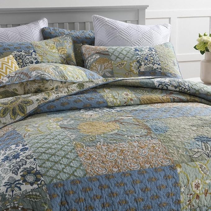 Cotton Bedspread Quilt Sets Reversible Bedding Coverlet Sets 3 Pieces Vintage Floral Patchwork Paisley Green Rustic Bedspread, Queen Size