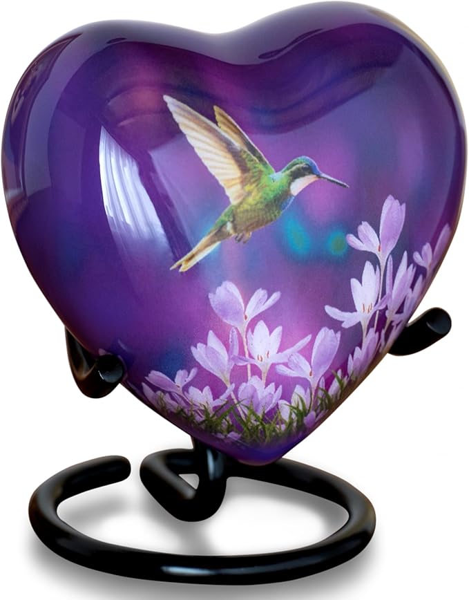 Olivia Memorials Heart Urn for Ashes Women Men Adult | Mini Hummingbird Urn for Female Male Carefully Handcrafted Funeral Decorative Small Purple Urn for Mom Dad Mother Baby Infant Pet Cat Dog