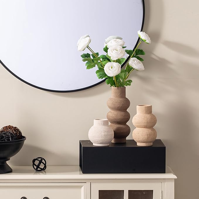 Ceramic Vase Home Table Decor - Flower Vase Set of 3 Living Room Kitchen Decorations Farmhouse Modern Rustic Vases Decorative Centerpiece for Shelf Bedroom Office Bathroom Dining Coffee Desk