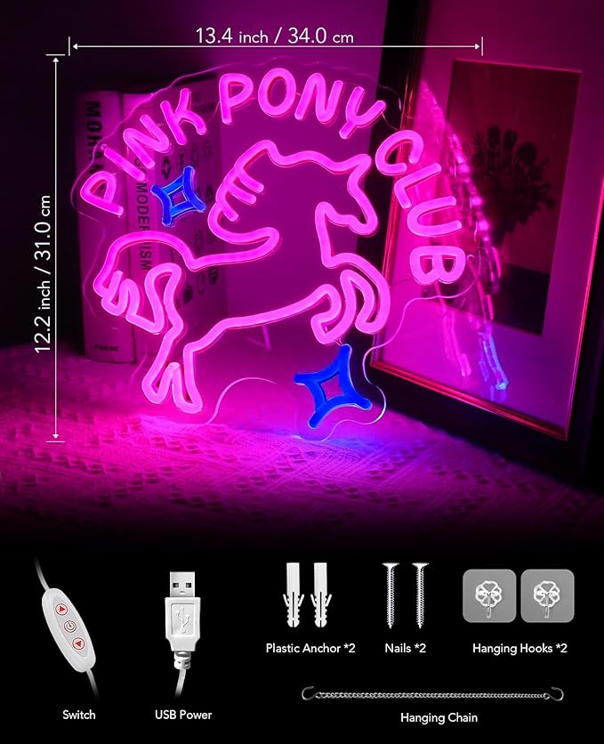 AceList Pink Pony Club Neon Sign for Wall Decor, Dimmable LED Unicorn Cowgirl Neon Lights For Bedroom, Bar, Birthday Party Decorations,Vibes Neon Wall Sign. Girl Aesthetic Gift