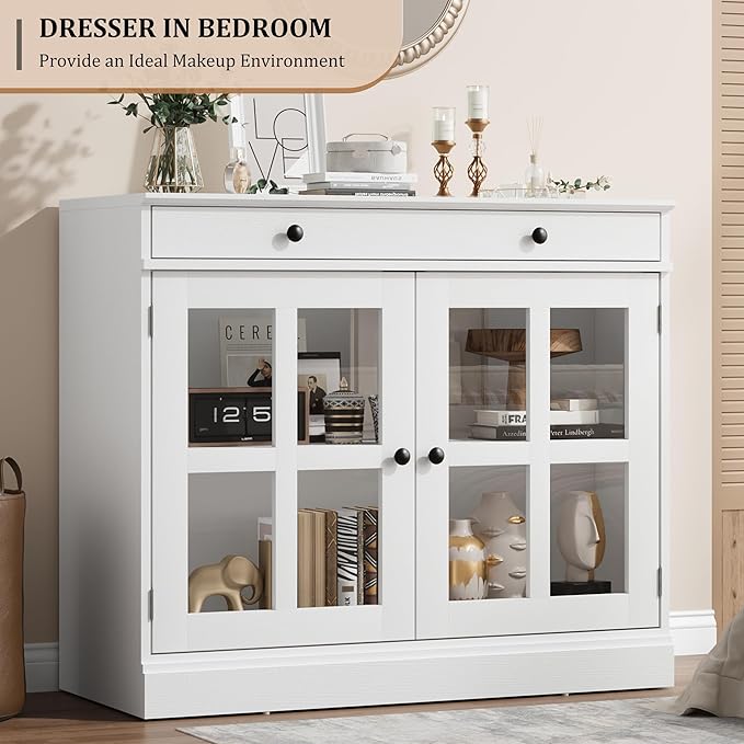 GarveeHome 35.4 in Sideboard Buffet Cabinets with Glass Door, Buffet Cabinet with Storage, White Sideboard Cabinet with Drawer, Modern Buffets & Sideboards for Dining Room, Kitchen