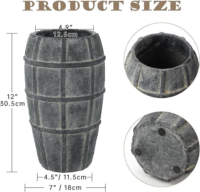 Briful Rustic Terracotta Flower Vase for Home Decor 12" Blue Farmhouse Textured Barrel-Style Ceramic Vase Vintage Handcrafted Gridded Design for Faux & Dried Flowers Living Room Table Centerpiece