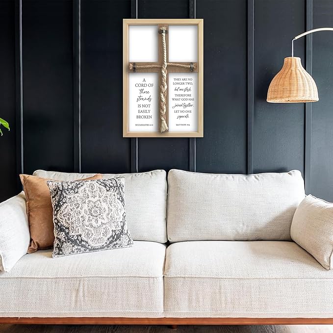 flowtorely A Cord of Three Strands Wedding Ceremony Unity Wall Decor 15"X10" Matthew 19 6 Christian Marriage Prayer Cross Sign Framed Wall Hanging Art (Wood)