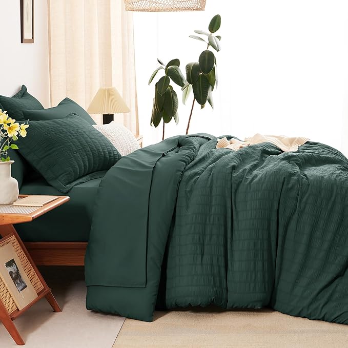 CozyLux Queen Comforter Set Forest Green Seersucker 7 Pieces Bed in a Bag Queen Comforter Set with Sheets, Luxury Bedding Sets with Down Alternative Comforter, Sheets, Pillowcases & Shams All Seasons