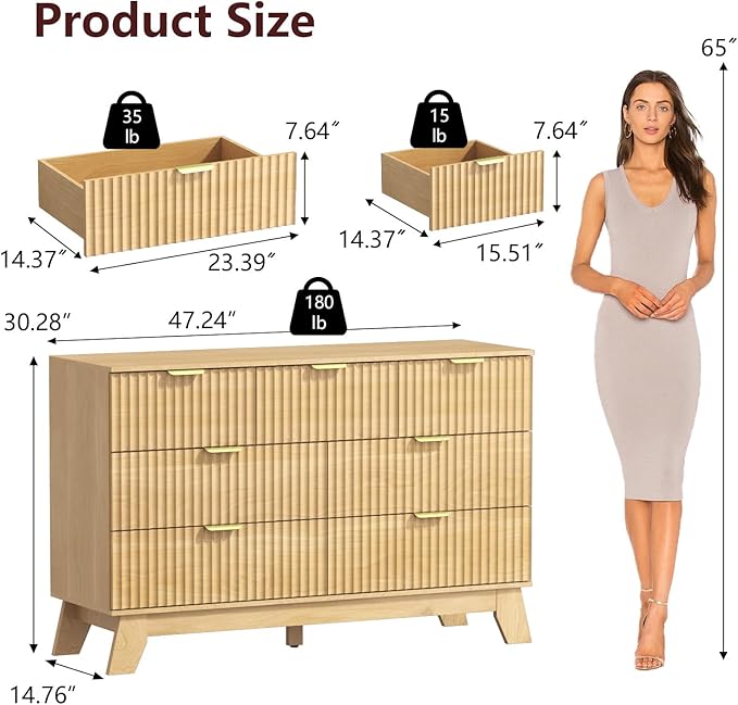 Fluted Dresser for Bedroom,7 Drawer Dresser for Closet,Storage Cabinet and Chest of Drawers with Gold Handle,TV Stand,Storage Organizer for Living Room,Hallway,Entryway,White