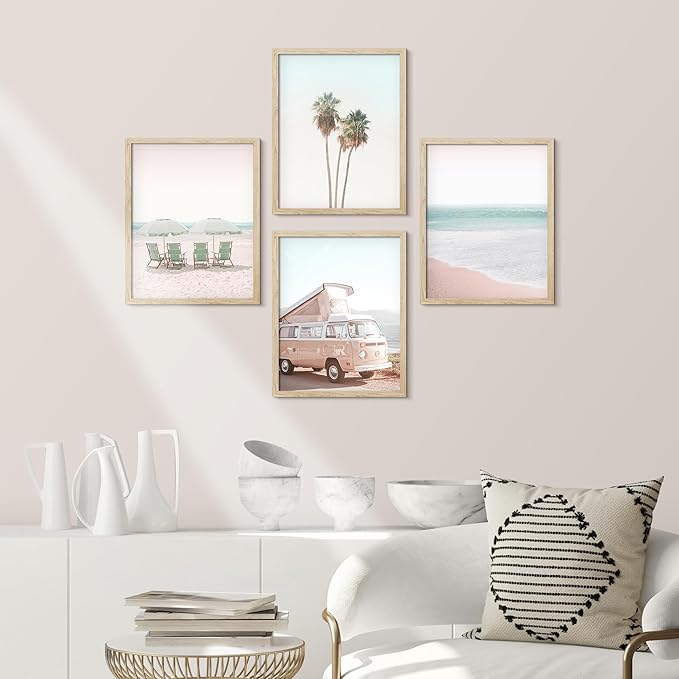 SIGNWIN Framed Collage Print Gallery Set 1980s Retro Miami Wall Art, Set of 4 Beach Landscape Wall Decor Prints, Nature Wilderness Wall Décor for Living Room, Bedroom - 11"x14" Natural