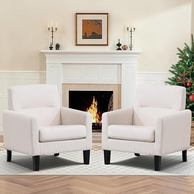 Accent Chairs Set of 2, Mid Century Modern Living Room Chairs Comfy Reading Chair with Upholstered Cushion Relax Armchair for Bedroom Apartment,Office,Begie