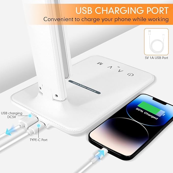 White crown LED Desk Lamp with 15W Wireless Charger & USB Port, Dimmable Table Lamp with 5 Lighting Modes, Sensitive Touch Control, Foldable & Portable Desk Light for Home, Office, Bedroom, Reading