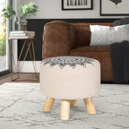 Asense Small Round Ottoman Foot Rest Stool Linen Padded Seat Footstool Ottoman with Anti-Slip Wooden Legs (White+Black,Linen)