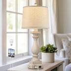 28" Tall Farmhouse Table Lamps with USB C+A Ports and AC Outlet, 3 Way Touch Control Rustic Bedside Lamps for Bedroom, Beige Vintage Nightstand Lamps for Living Room Office