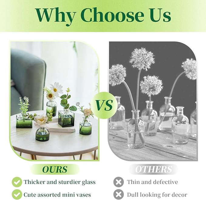 Hewory Small Glass Bud Vases for Centerpieces 40pcs Green Sturdy Cute Flower Vases Bulk, Mini Bottle Vase for Wedding Home Decor Birthday Party Events Mother's Day Bridal Shower Gifts Table Decor