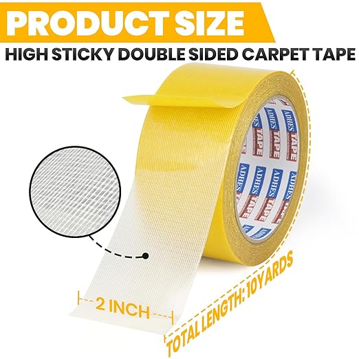 ADHES Double Sided Carpet Tape Heavy Duty, Removable and Residue-Free Rug Gripper Rug Tape for Hardwood Floors, Clear Multipurpose Mounting Tape for Area Rugs and Anti-Slip Grips, 2 Inch x 10 Yards