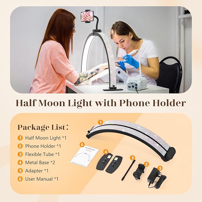 Half Moon Light for Nail Desk: 29" Foldable Half Moon Nail Desk Lamp with Phone Holder for Beginner - Arch Tech Light with 3 Color Modes & 10 Brightness for Manicure Salon (Black Diamond, Large)