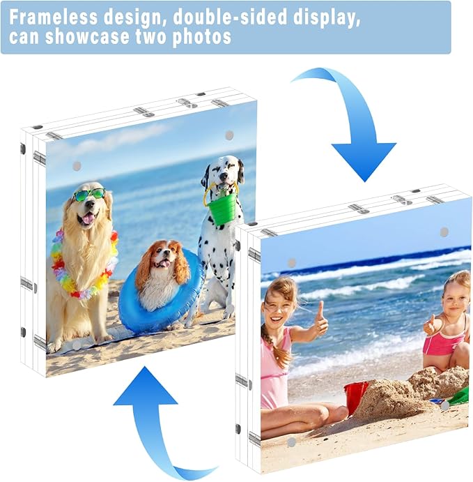 HELPLEX 2 Pack 8x8 Acrylic Picture Frames, 24mm Thicker Square Frameless Clear Frame Double Sided Magnetic Frame, Free Standing Desktop Display Stand