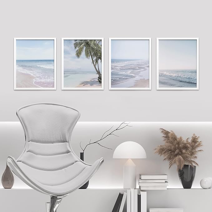 SIGNWIN Framed White Pastel Tropical Island Ocean Beach Shore Wall Art, Set of 4 Landscape Colorful Wall Decor Prints, Nature Wilderness Wall Décor for Living Room, Bedroom - 11"x14" White