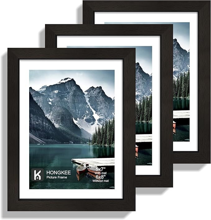 6x8 Picture Frame with Real Glass - Display Pictures 5x7 with Mat or 6 x 8 without Mat, Photo Frame for Wall or Table Top Display(Black, 3 Pack)