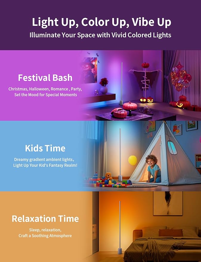 Ailofy Corner Floor Lamp, 1500lm RGBW Corner Lamp Work with Alexa & Google Assistant, 16 Million DIY Colors, Sync with Music, App Control, Modern LED Floor Lamp for Living Room & Bedroom, Silver Grey