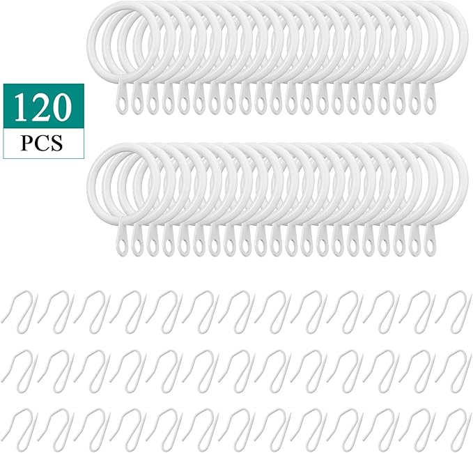 Hotop 60 Pieces 1.26 Inch Metal Drapery Curtain Rings Curtain Hanging Rings and 60 Pieces Metal Curtain Drapery Pin Hooks for Window Door Shower Curtain(White)