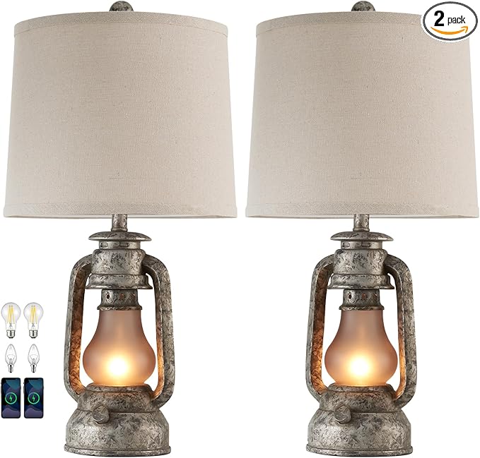 RORIANO Farmhouse Rustic Table Lamps for Living Room Set of 2, Vintage Lantern Table Lamp with Dual USB Ports, Retro Nightstand Lamp for Bedroom Bedside, 4 Bulbs Included (Iron Gray)