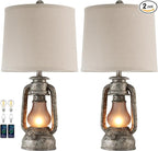 RORIANO Farmhouse Rustic Table Lamps for Living Room Set of 2, Vintage Lantern Table Lamp with Dual USB Ports, Retro Nightstand Lamp for Bedroom Bedside, 4 Bulbs Included (Iron Gray)