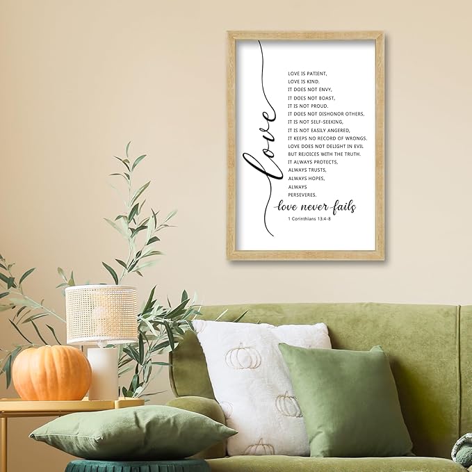 FZMHASLWW Love Is Patient Kind Wall Decor 24"×16" Love Never Fails 1 Corinthians 13 Bible Verse Sign Large Wood Framed Wall Hanging Art (Wood)