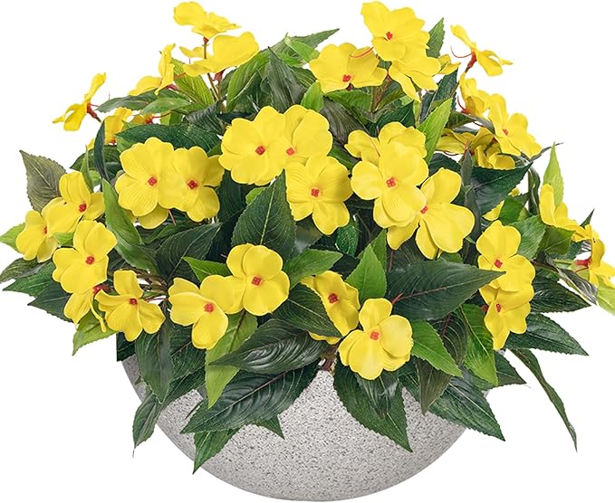 Artificial Impatiens Bouquet Flowers for Outdoors Silk Faux Flowers for Outdoor Impatiens Plants Decor Indoor Planters Kitchen Planters and Balcony Decorations 2PCS（Yellow ）