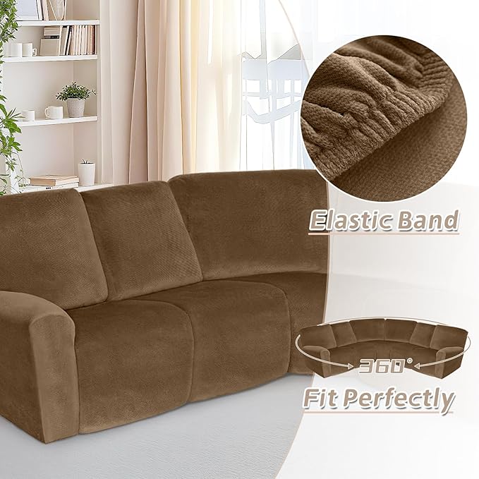 Arfntevss Sectional Recliner Couch Covers Velvet Corner Sectional Sofa Cover for Reclining Couch Stretch Soft L Shape Recliner Slipcover Thick U Shaped Washable Protector (5 Seat Cover, Light Brown)