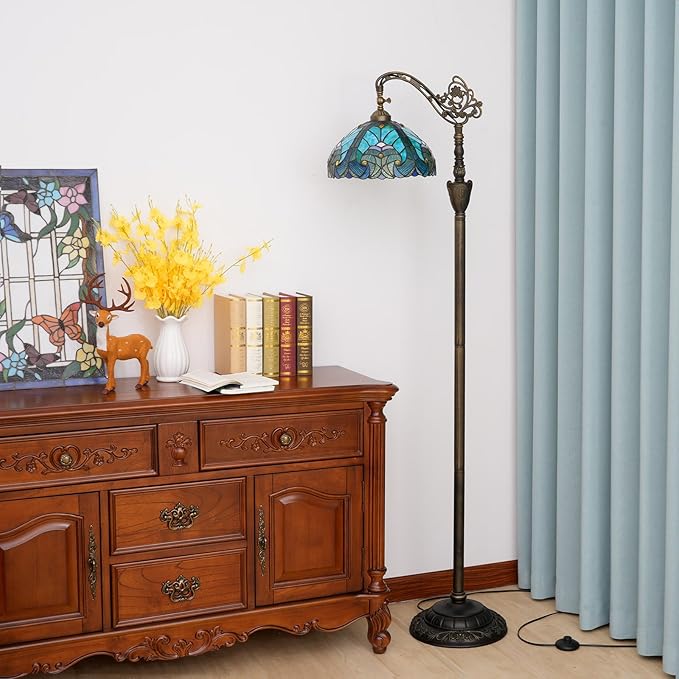 Tiffany Floor Lamp Vintage Standing Lamp Green Stained Glass Floor Light Rustic Corner Gooseneck Floor Lamp with Adjustable Angle for Home Decor Living Room Bedroom 12X12X63 Inches