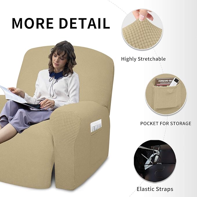 Easy-Going 4 Pieces Oversized Recliner Stretch Sofa Slipcover Sofa Cover Furniture Protector Couch Soft with Elastic Bottom Polyester Spandex Jacquard Fabric Small Checks Beige X-Large