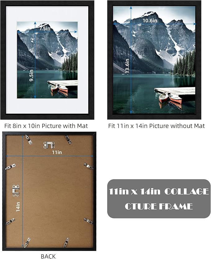11x14 Picture Frames set of 3, Made of Glass and Black Wooden Photo frame - Displays 8x10 Picture with Mat or 11 x 14 Poster without Mat, Wall Collage Frame set