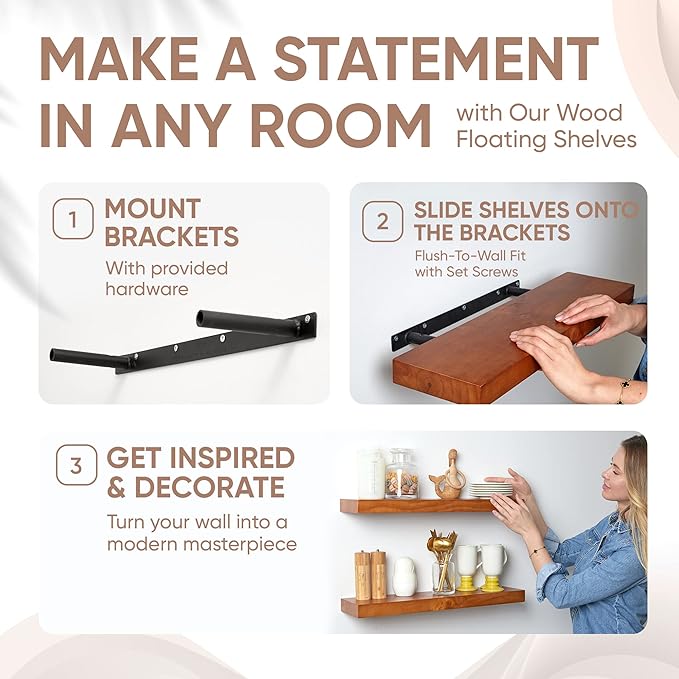 Homeforia Oak Floating Shelves 30 inch Long, High End Solid Real Wood 30inch Floating Shelves for Wall Mounted, Honey Oak Wooden 30in Floating Shelf, Heavy Duty Bracket, 30 X 6.5 X 1.75 in, Set of 4