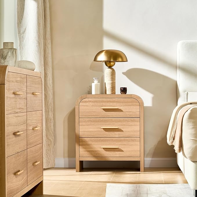 Farmhouse Nightstand Set of 2, 23.5" Curved Modern Night Stand with 3-Drawer, Bed Side Table Furniture, End Table for Bedroom, Storage Cabinet for Living Room Home Office Entryway, Oak