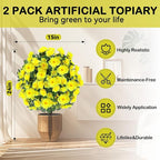 Artificial Boxwood Topiary Ball Trees with Ground Spikes UV Resistant Faux Greenery Shrubs Fake Shrubs for Outdoors, Realistic Faux Plants Bushes for Garden Porch Yard Patio Decor (Yellow)