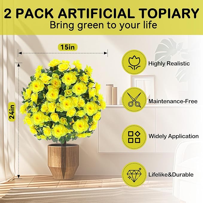 Artificial Boxwood Topiary Ball Trees with Ground Spikes UV Resistant Faux Greenery Shrubs Fake Shrubs for Outdoors, Realistic Faux Plants Bushes for Garden Porch Yard Patio Decor (Yellow)