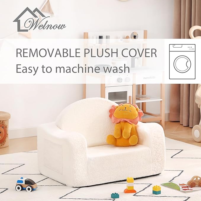 Welnow 2-in-1 Kids Sofa Chair, Convertible Toddler Chair Flip Out Children Sofa Chair with Wave Armrests Folding Kids Play Sofa with Side Pockets & Removable Cover Armchair for Girl or Boy