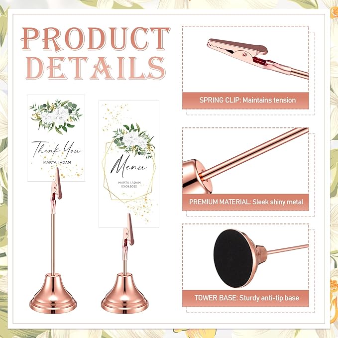 20 Pcs Table Number Holders 4/6/8/10 Inch Metal Place Card Holders with Alligator Clip Heavy Base Wedding Table Number Stand Picture Photo Clip for Banquet Party Birthday Restaurant(Rose Gold)