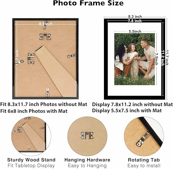 12 Packs A4 Picture Frames, Display 6x8 with Mat or 8.3x11.7 Without Mat, Gallery Wall Frame Set, 8.3 by 11.7 Frames Bulk Set of 12 Collage Wall Decor Photo Frames Set for Wall and Tabletop, Black