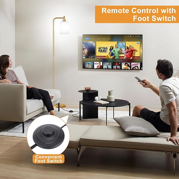 Floor Lamps for Living Room - Industrial Standing Lamp with Remote Control Glass Shade, Modern Gold Floor Lamp with LED Bulbs, Tall Lamp for Bedroom Office - Gold